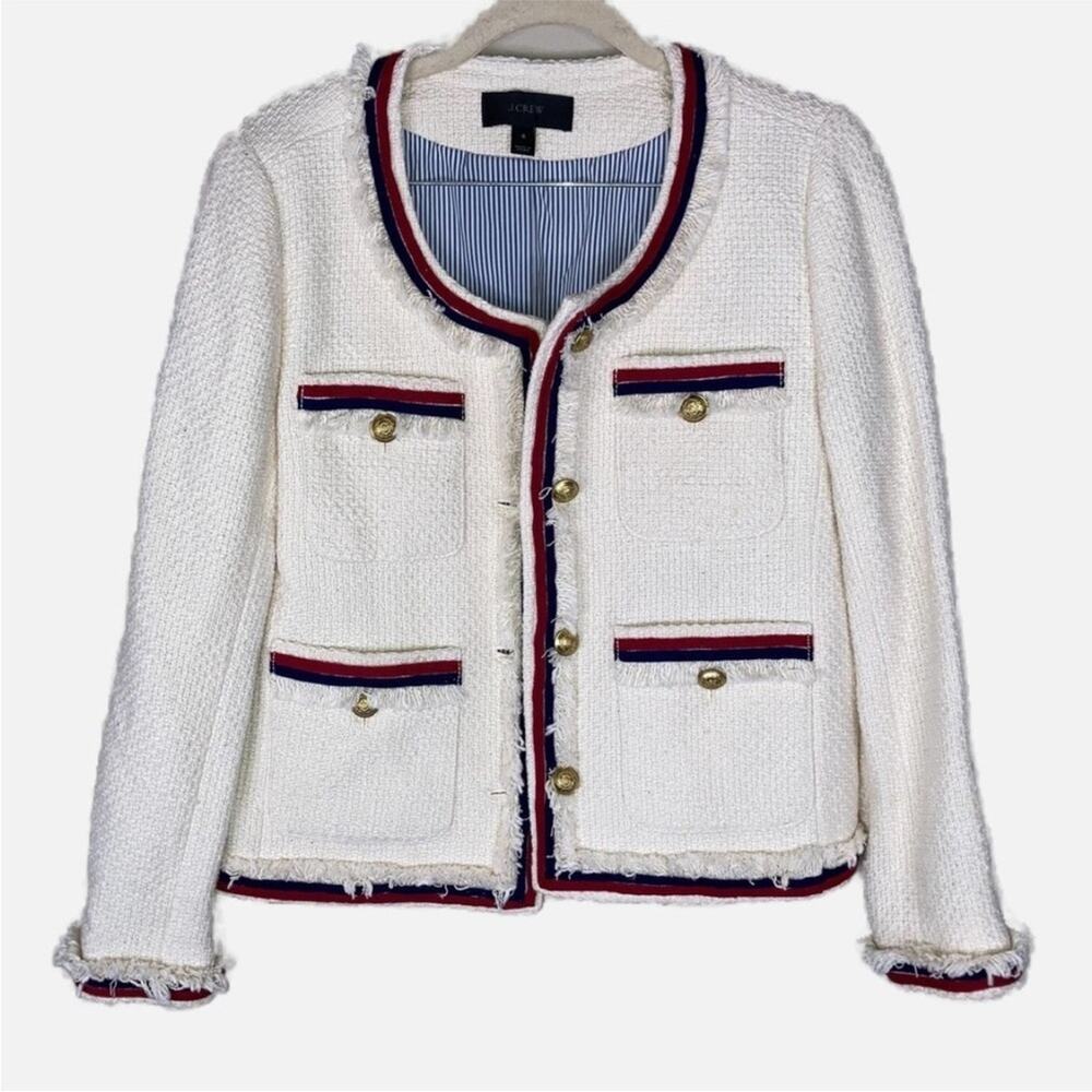 J.Crew Tweed Fringy Lady Jacket Blazer Classic red blue Four Pockets Size 6 6P - Picture 7 of 14